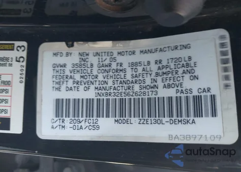 2006 Toyota Corolla S из США, поврежденный, VIN 1NXBR32E56Z628173